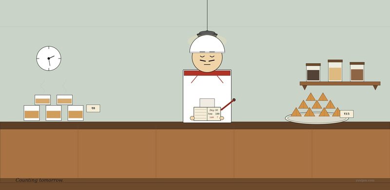 Stylised illustration of a tea stall owner standing behind his long wooden counter, holding an open notebook with a pen and quietly counting his inventory; a stack of tea glasses on the left of the counter, a plate piled with samosas on the right, a wall clock and a small jar shelf in the background.