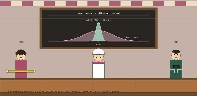 Stylised illustration of a tea stall — Vijay stands centre behind his counter looking up at a chalkboard showing two overlaid bell curves at the same centre (μ = 87). A wide low pink curve labelled `DATA · SD = 13` and a narrow tall green curve labelled `SAMPLE MEAN · SE ≈ 2.4` sit at the same centre, title chalked above reading `same centre — different spread`. On the far left a woman in cranberry holds a long yellow measuring tape stretched between her hands. On the far right a man in forest green holds a precision caliper with a digital readout showing 2.4.