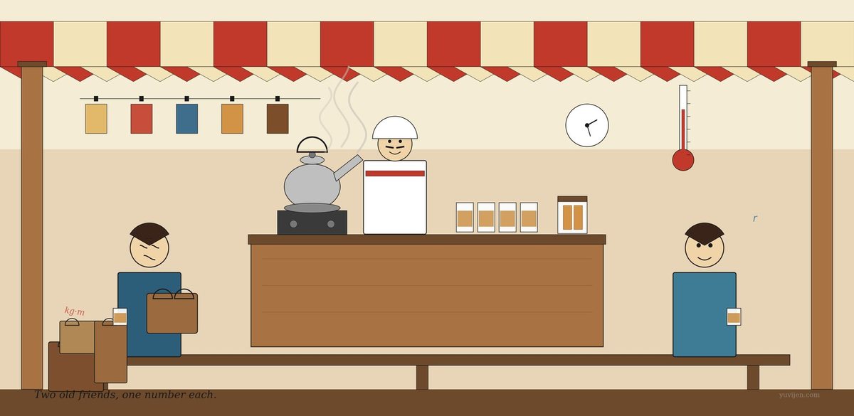 Stylised illustration of a roadside tea stall — two women on a long bench with cups of tea, one with shopping bags piled around her, the other calm and empty-handed; the tea stall owner pouring tea behind the counter.