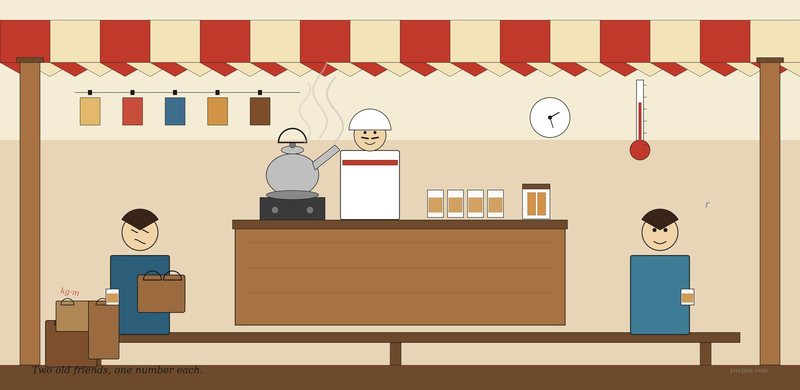Stylised illustration of a roadside tea stall — two women on a long bench with cups of tea, one with shopping bags piled around her, the other calm and empty-handed; the tea stall owner pouring tea behind the counter.