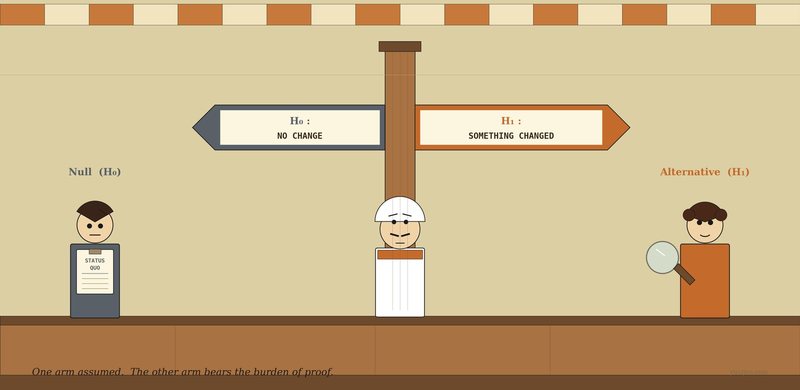 Stylised illustration of a tea stall — Vijay stands centre behind his counter looking up at a wooden two-armed signpost mounted on the back wall. The left arm is grey, points left and reads `H₀ : NO CHANGE`. The right arm is warm orange, points right and reads `H₁ : SOMETHING CHANGED`. On the far left a calm man in plain grey holds up a small clipboard with `STATUS QUO` written across the top. On the far right a curly-haired man in warm orange holds up a magnifying glass.